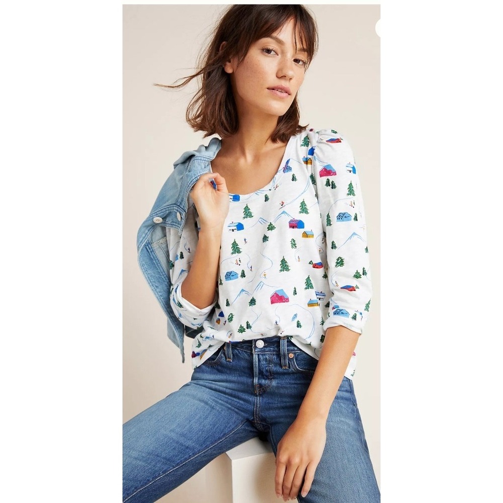 Maeve Anthropologie Audra Ski Resort Puffed Shoulder Tee Size Small Cotton EUC